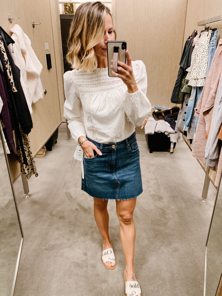 Nordstrom Anniversary Sale try on, top and denim skirt
