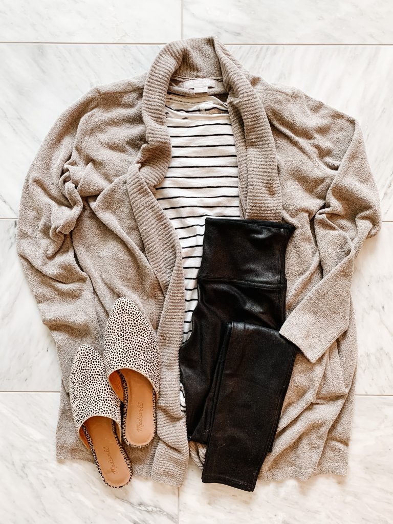 Barefoot dreams cardigan, striped tee, faux leather leggings