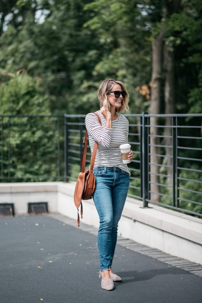 Long sleeve tee and denim skinny jeans