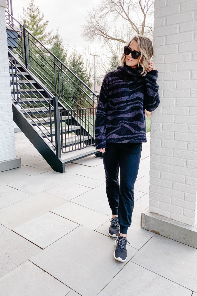 Zebra print sweater, joggers, and sneakers. Loungewear