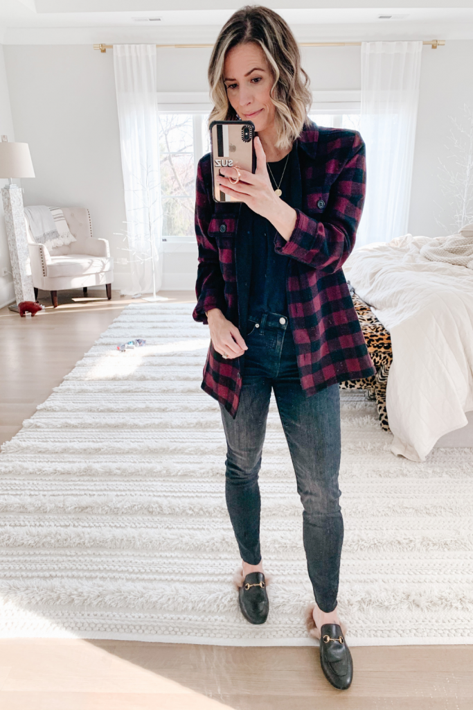 Buffalo plaid jacket and jeans