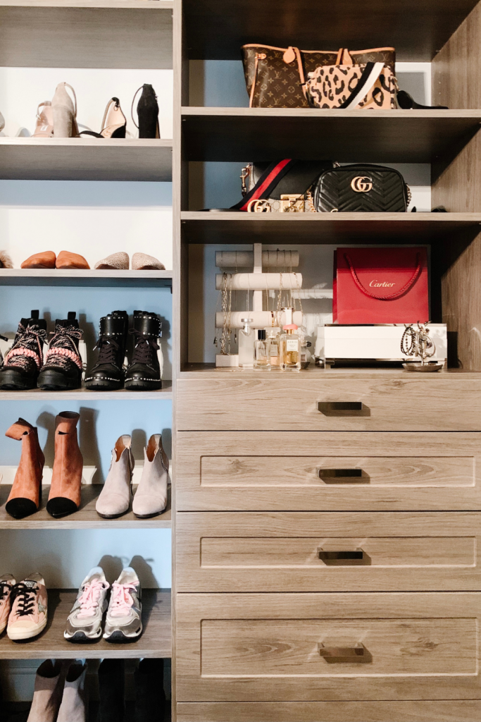 I'm giving a full closet tour complete with built in shelving, clothes storage, organization, shoe shelves, and hat storage.