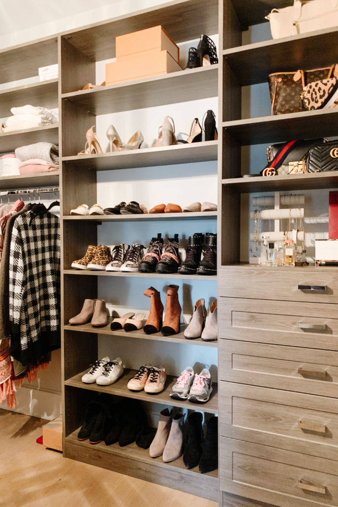 I'm giving a full closet tour complete with built in shelving, clothes storage, organization, shoe shelves, and hat storage.