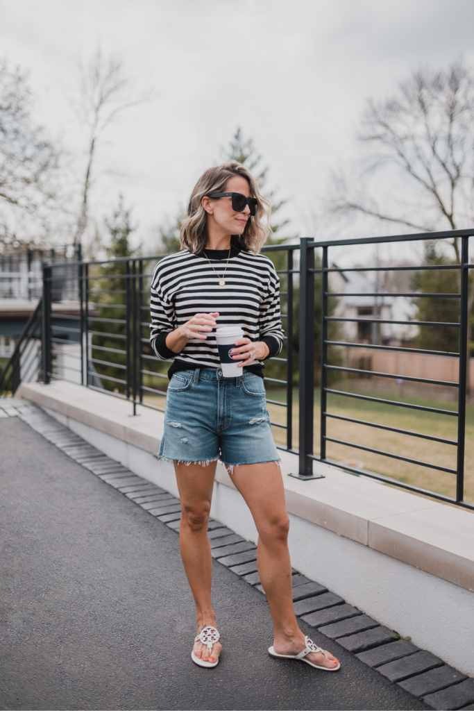 Striped sweatshirt, mom shorts, sunglasses, and sandals