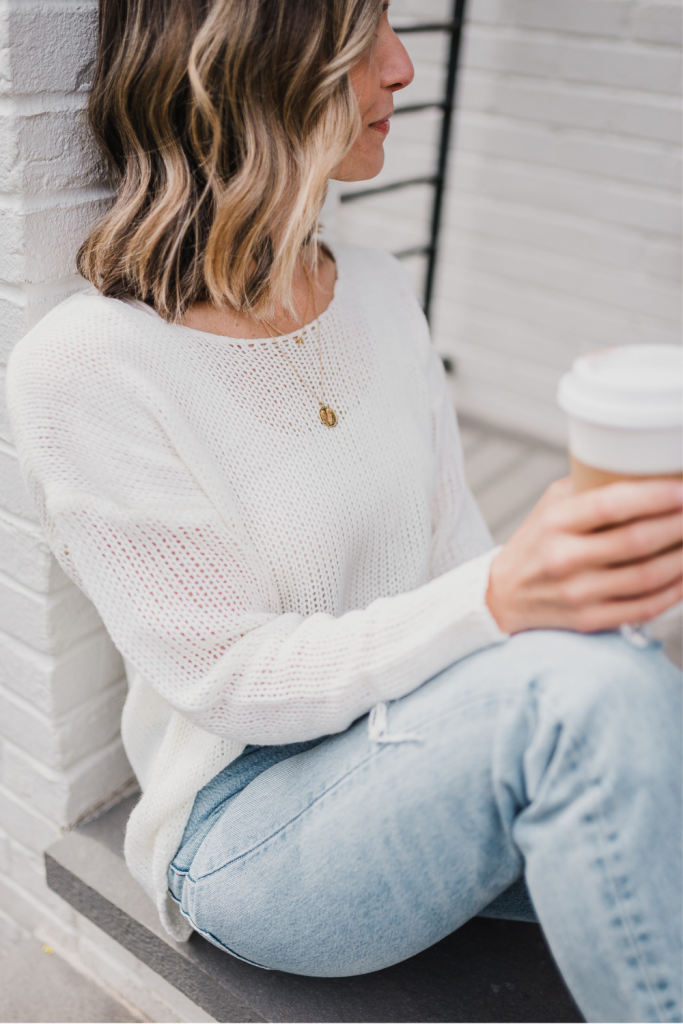 Spring outfit: white sweater, jeans, necklace, and sandals