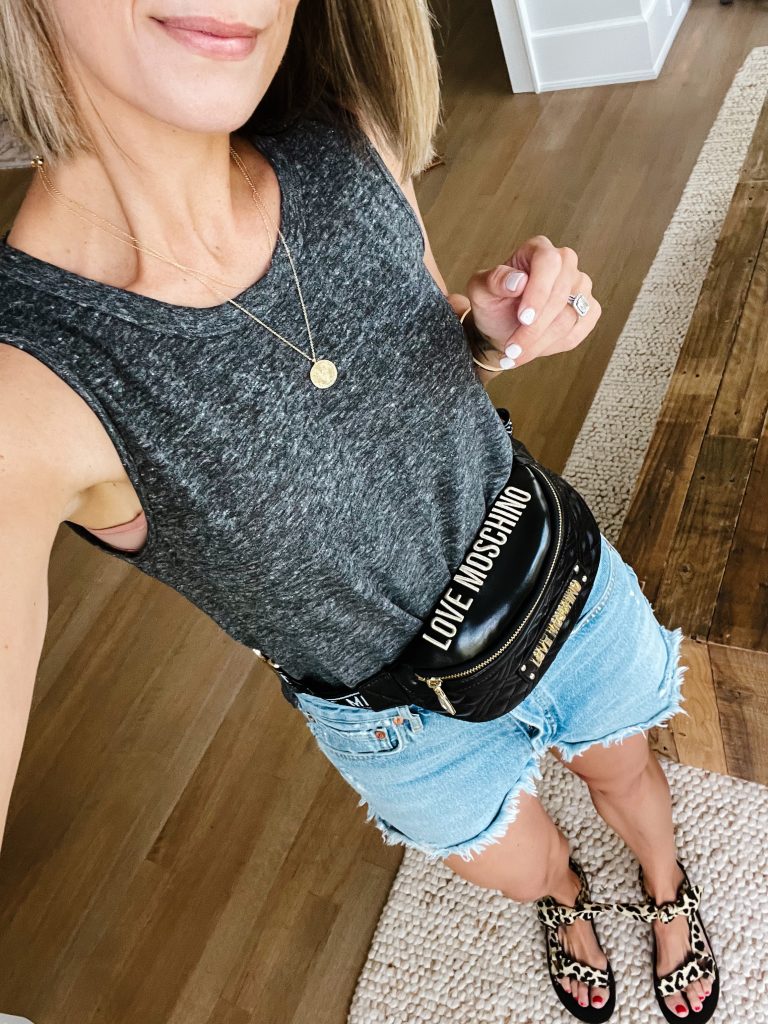 Tank, Moschino belt bag, denim cut offs, sport sandals
