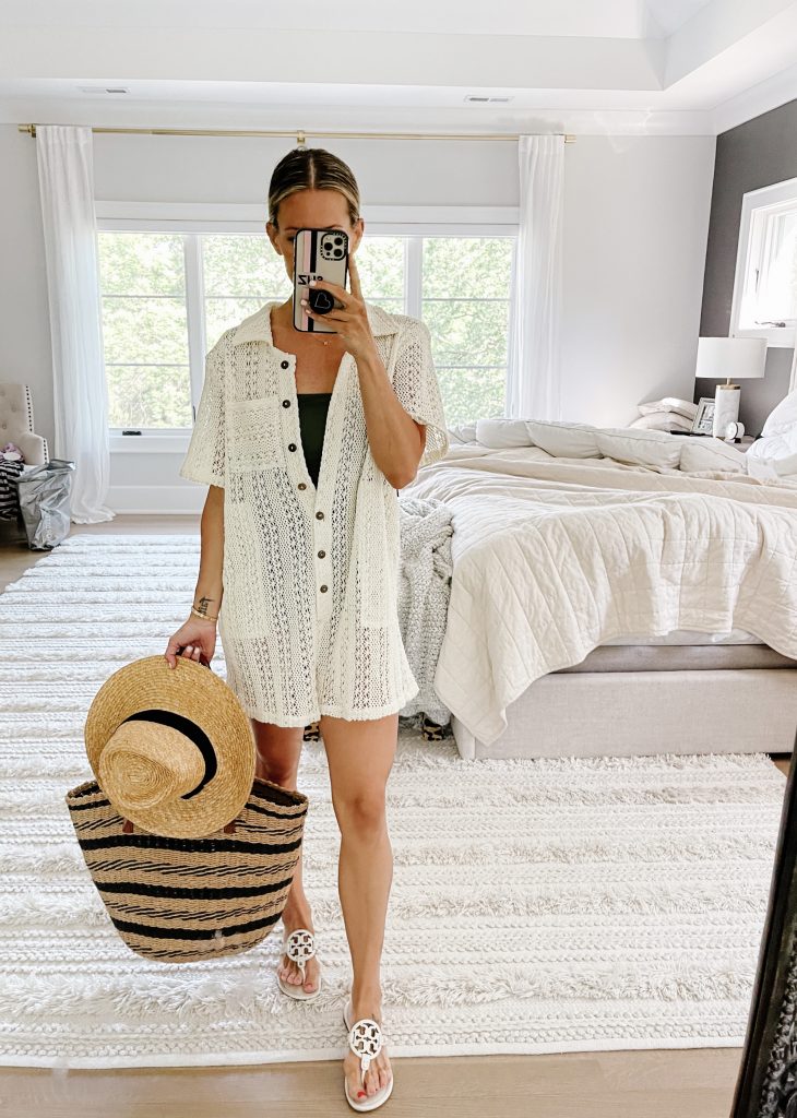 June #ootd round up, romper swimsuit cover up, sandals, straw hat and bag