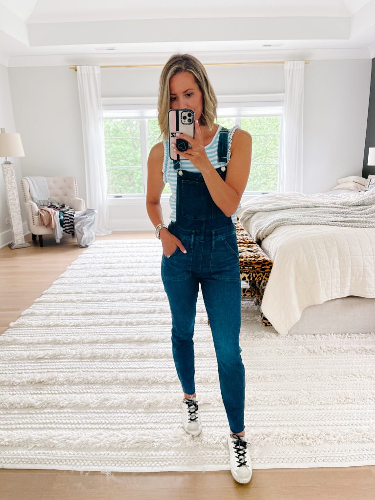 June #ootd round up, striped tank, overalls, adn Golden Goose sneakers