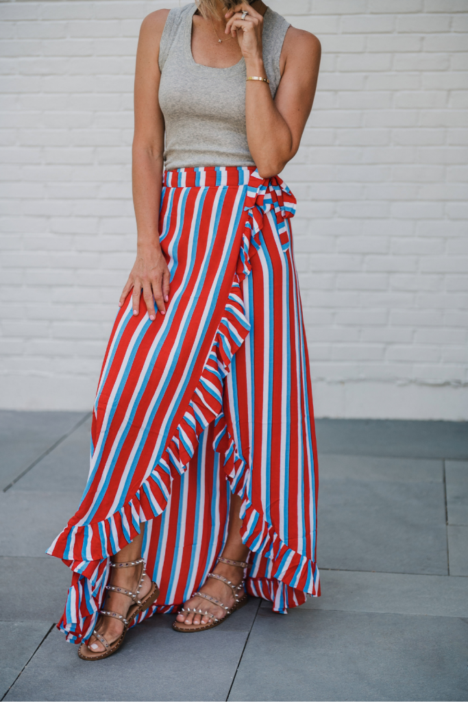 Summer looks with Revolve: red, white and blue wrap skirt, grey tank, Steve Madden sandals 