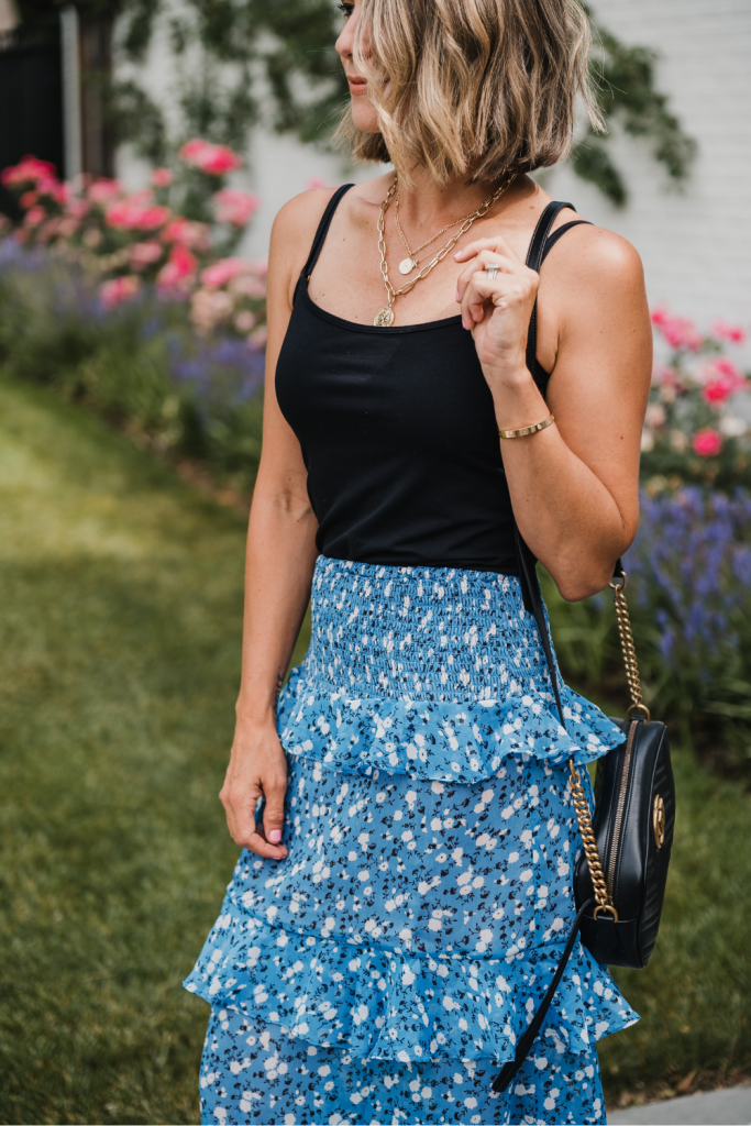 Summer looks with Revolve: midi skirt, black tank, Gucci bag and heels