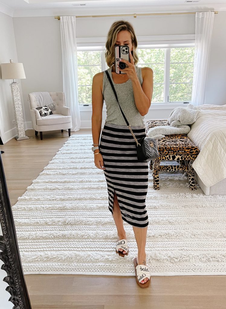 June #ootd round up, grey tank, midi skirt, Chloe slides, Gucci crossbody 