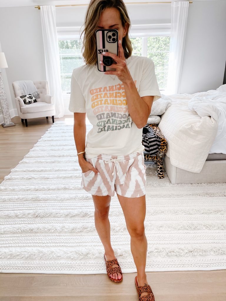 June #ootd round up, vaccinated tee, lounge shorts, and slides