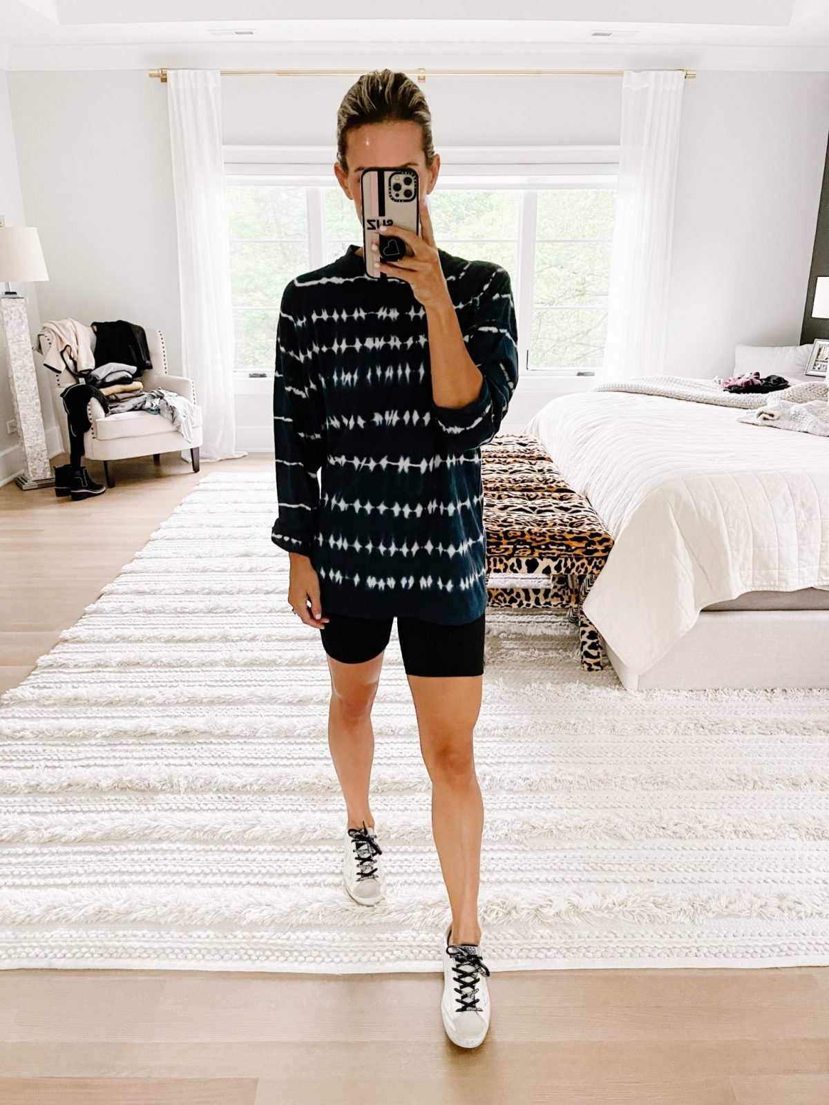 Late summer #ootd round up, tie dye sweatshirt and biker shorts