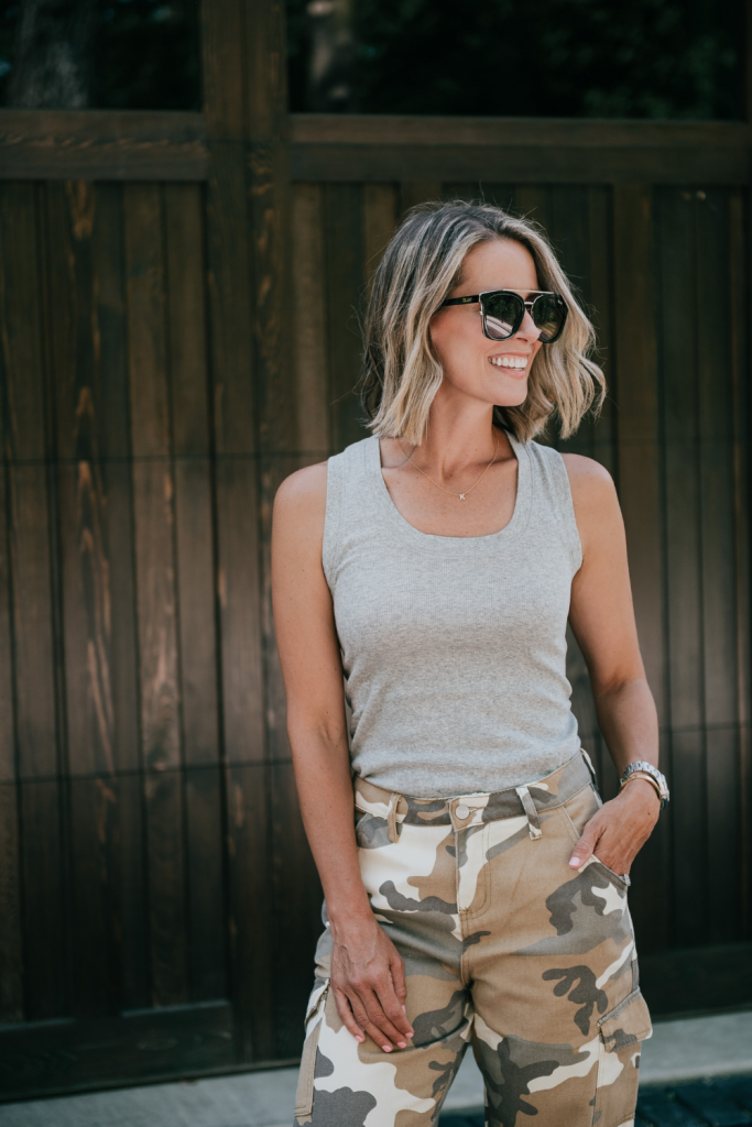 Camo pants, grey staple tank