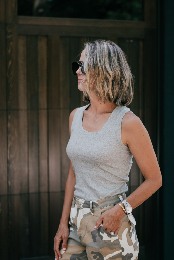 Camo pants, grey staple tank