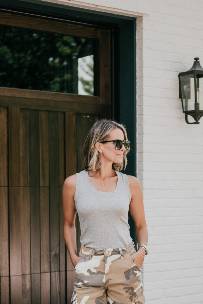 Camo pants, grey staple tank