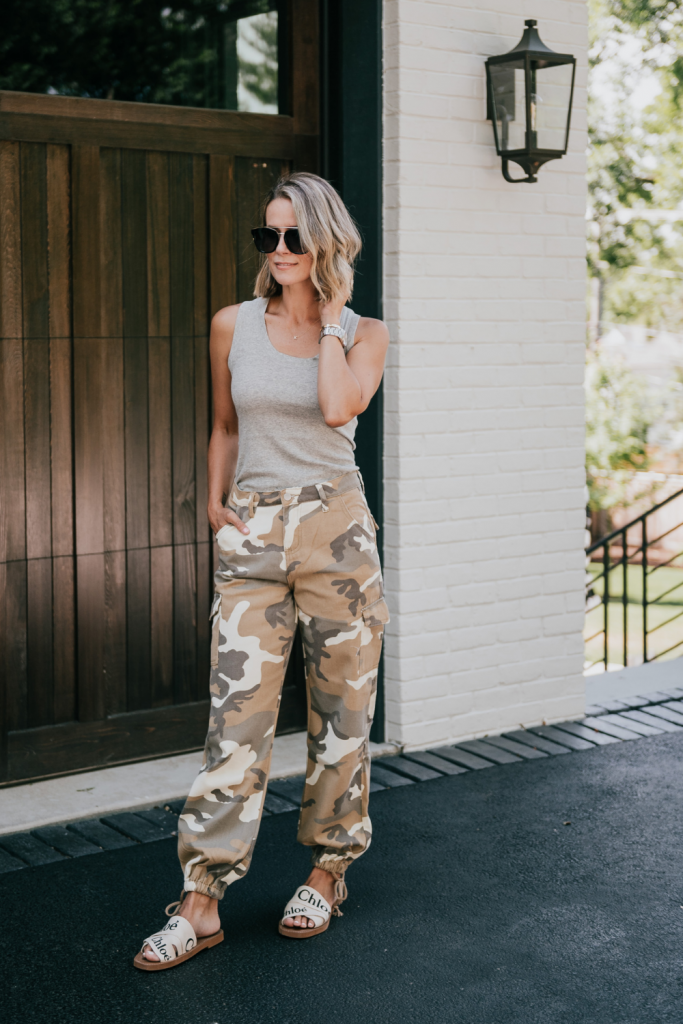 Camo pants, grey staple tank, Chloe slides
