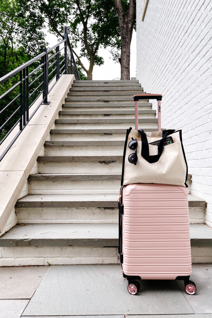 Walmart Travel Favorites: rose gold suitcase and canvas bag

