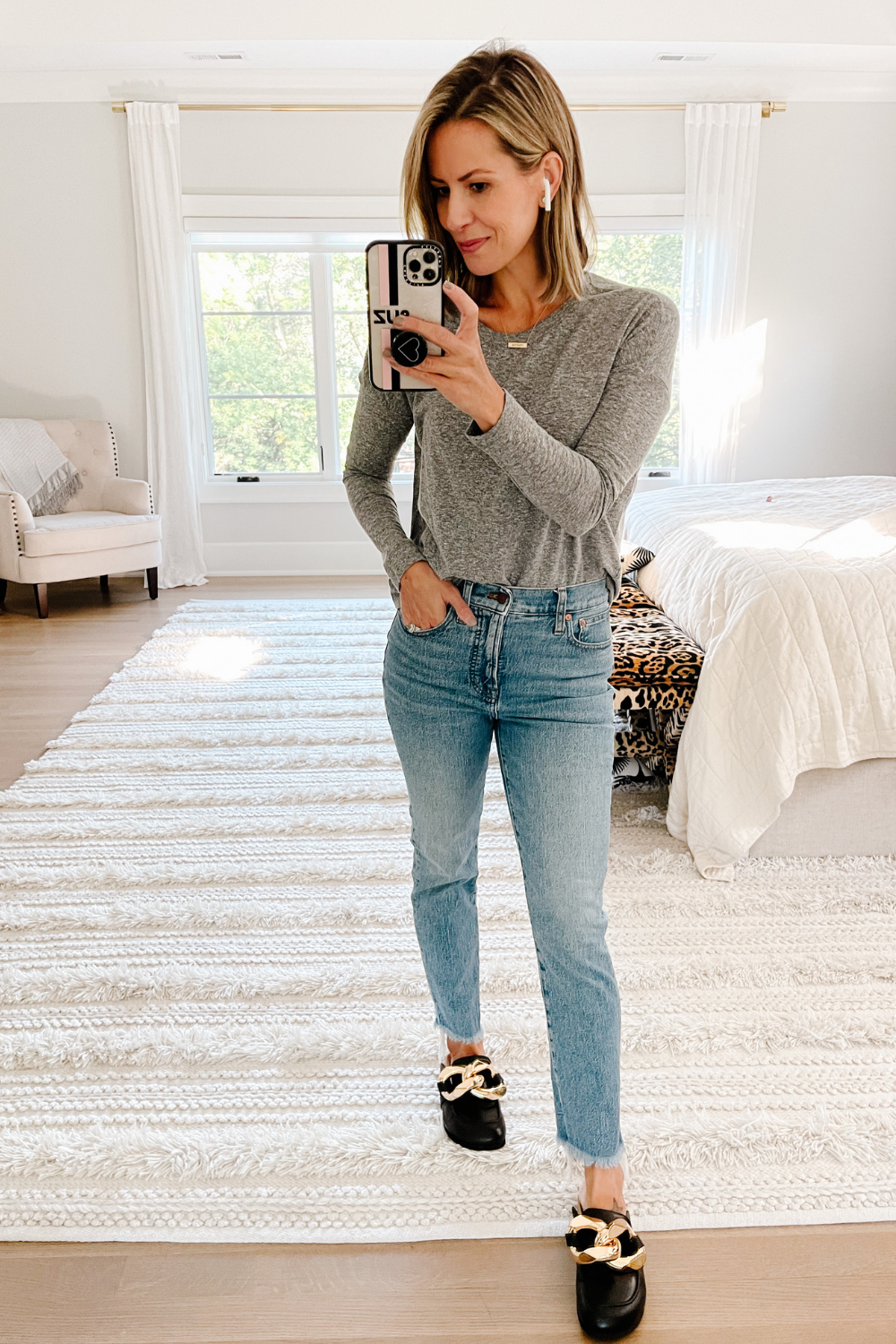 #ootd, grey long sleeve t-shirt and denim
