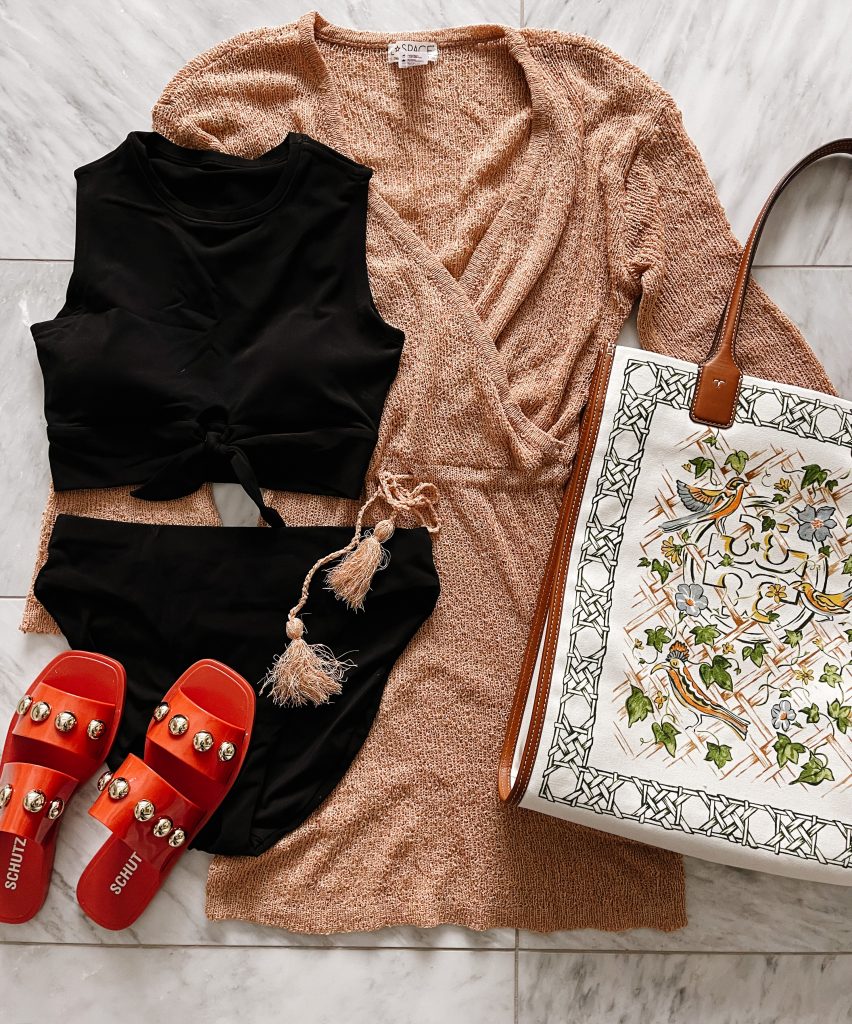 High waisted bikini, cover up, printed tote and sandals