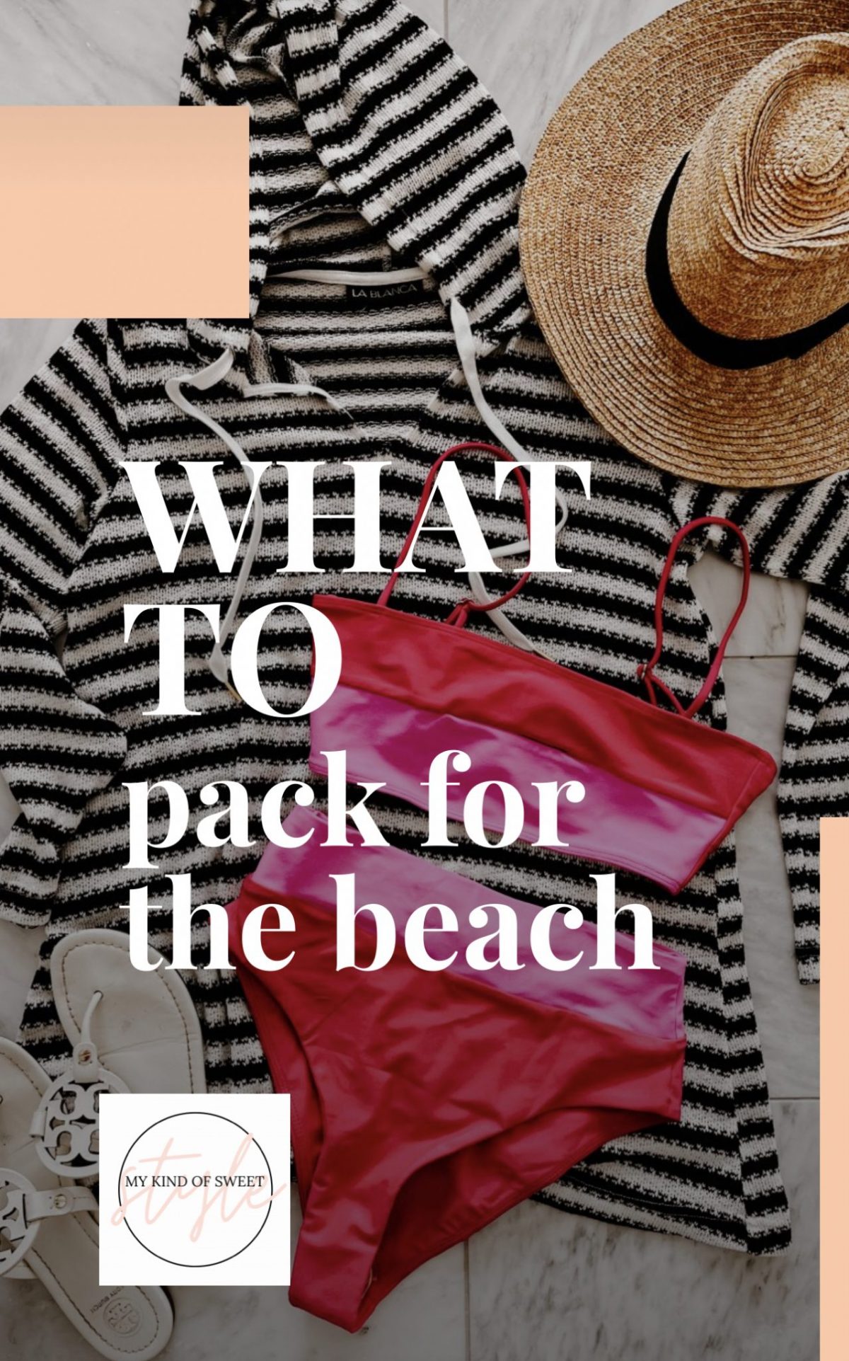 "What to pack for the beach" graphic on a high waisted bikini and cover up
