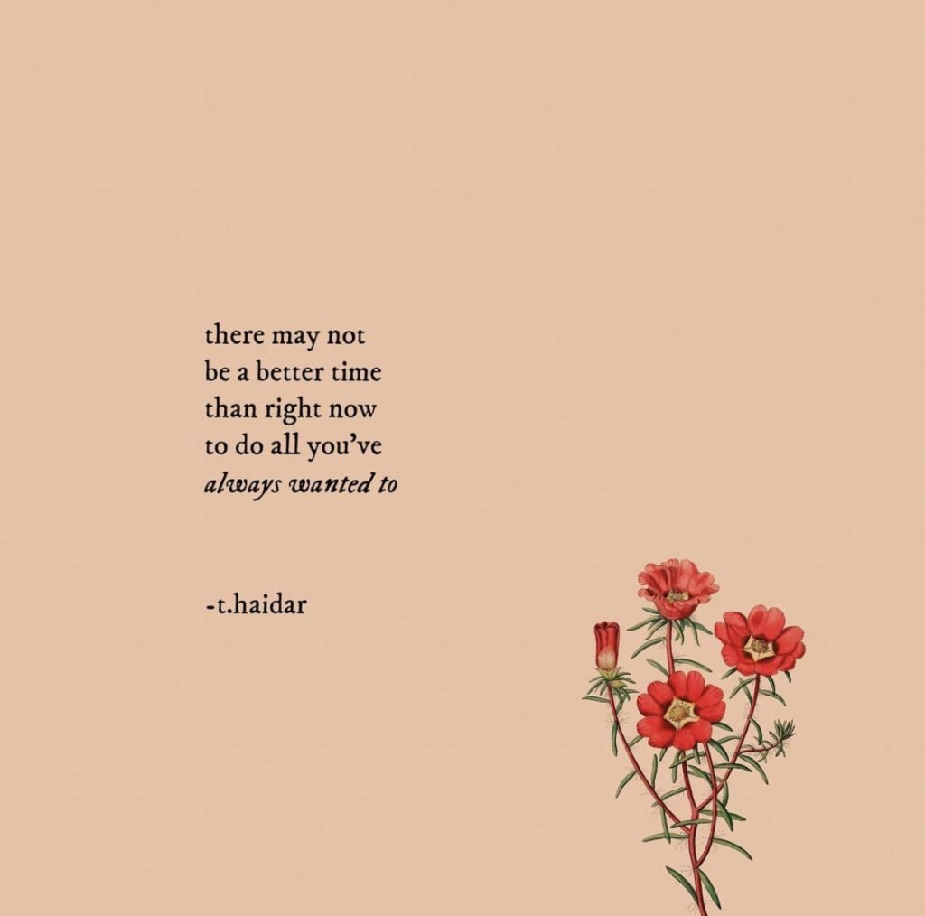 A graphic that says, "there may not be a better time than right now to do all you've always wanted to. -t.haidar"