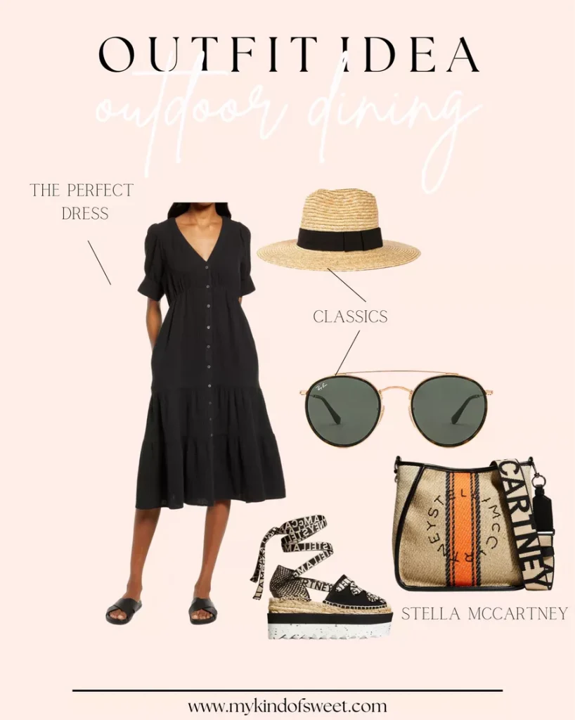 A graphic with an outfit idea for outdoor dining: black button down dress, straw hat, Stella McCartney accessories