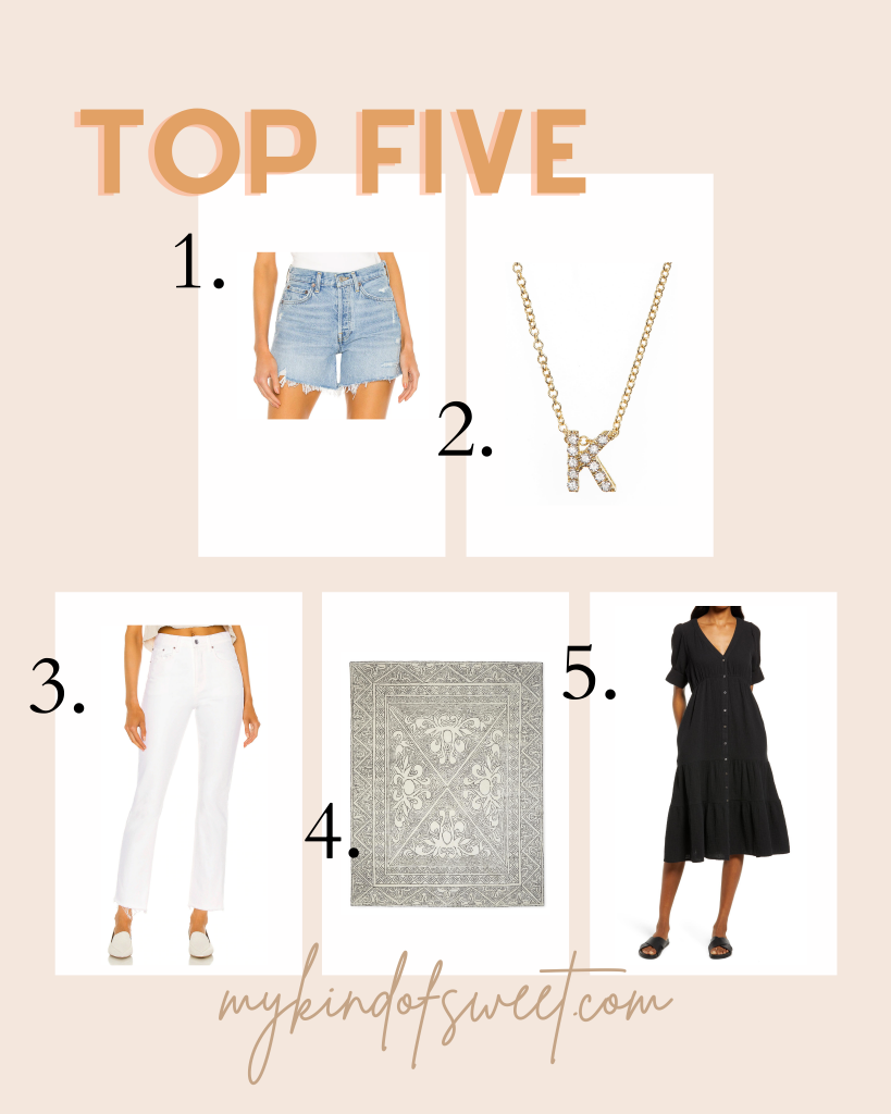 Top five most loved products: AGOLDE shorts, initial necklace, white denim, Serena and Lily rug, button down dress