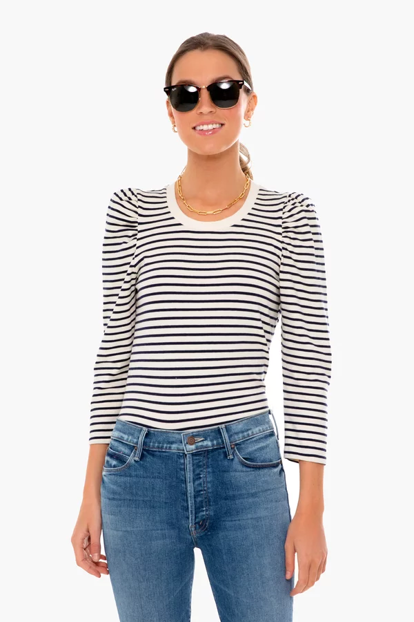 NAVY STRIPED PUFF SLEEVE LONG SLEEVE TEE