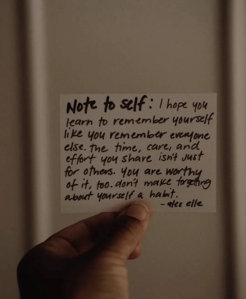 A sticky note with a note to self