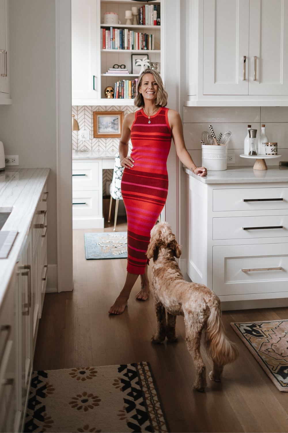 Suzanne wearing a knit midi dress