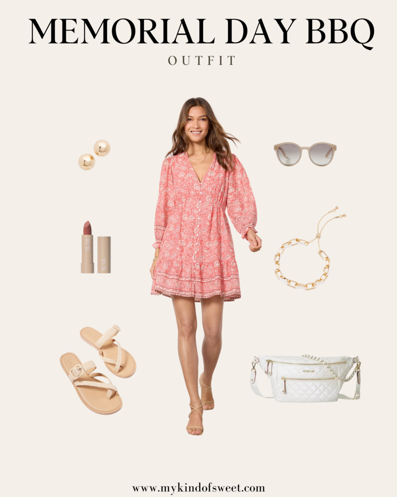 Memorial Day BBQ outfit, red dress, sunglasses, gold stud earrings