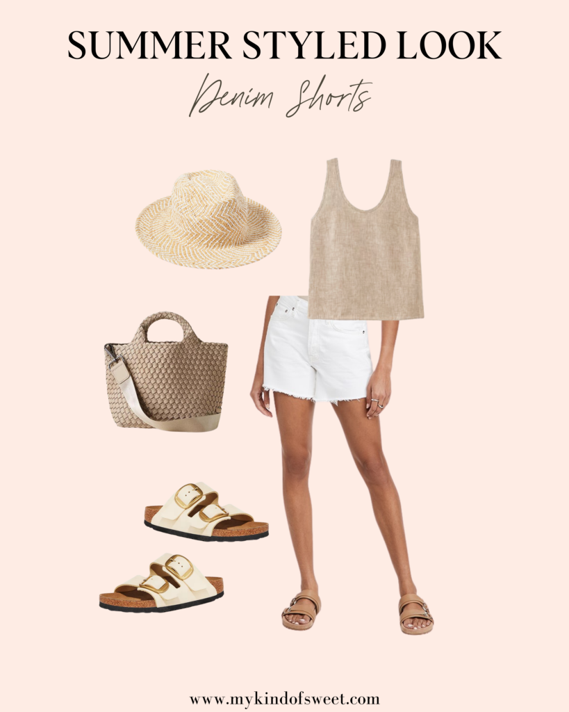 denim shorts, tank top, straw hat, slide ons