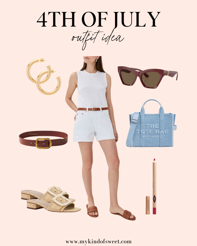 4th of july outfit, white tank, white shorts, gold earrings, blue tote, red belt