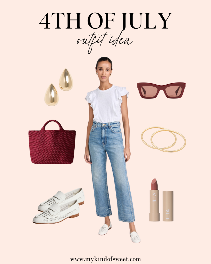 4th of july outfit, , ruffle top, jeans, red bag, gold bangles, gold earrings, white loafers