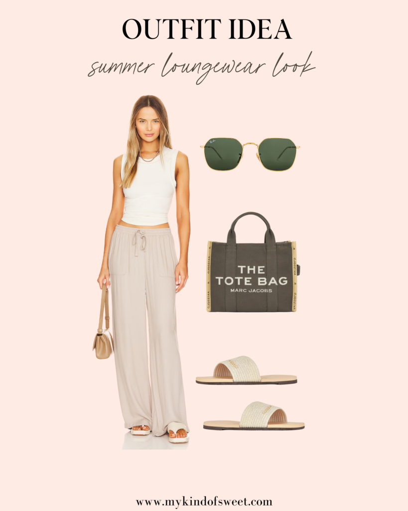 summer loungewear look, white tank, pants, large bag, sunglasses, white sandals