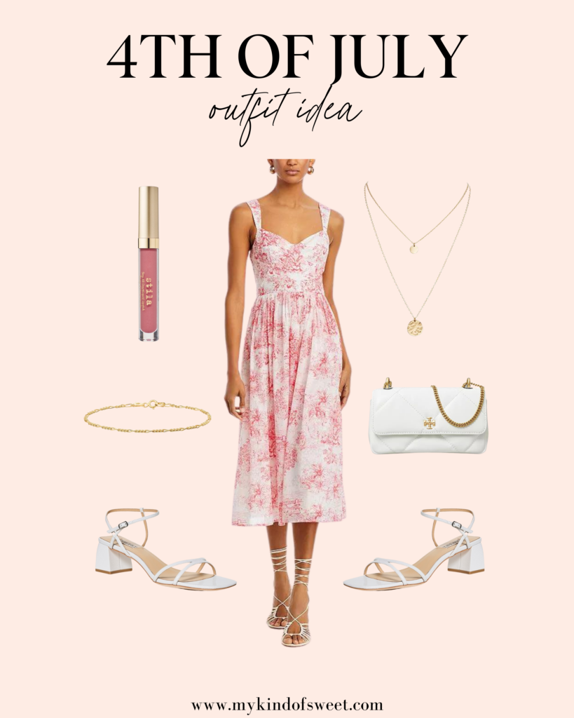 4th of july outfit, white and red dress, gold necklace, white bag, white heels