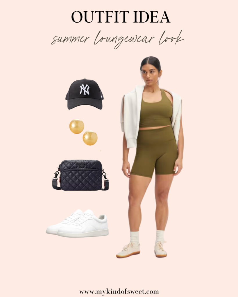 summer loungewear look. matching set, black hat, gold studs, black belt bag, white sneakers