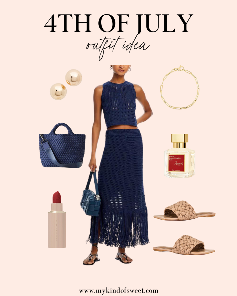 4th of july outfit, crochet outfit, blue bag, gold earrings, nude sandals, red lipstick
