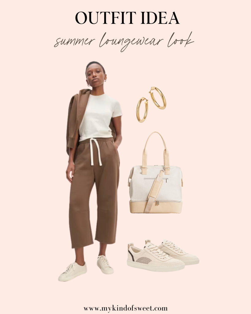 summer loungewear look, matching set, sweatpants, sweatshirt, white shirt, gold hoops, bag, white sneakers