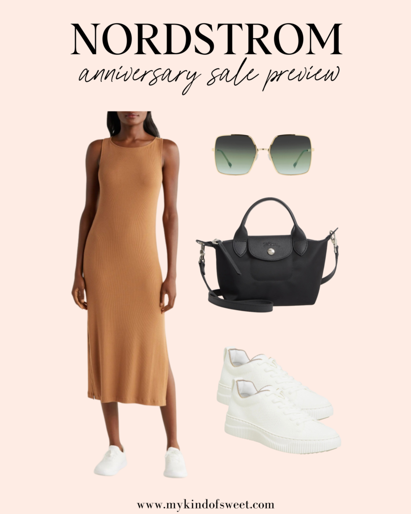 Nordstrom Anniversary Sale Preview Looks, long dress, sunglasses, black bag, white sneakers
