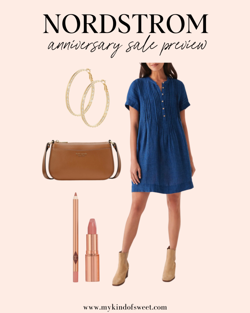Nordstrom Anniversary Sale Preview Looks, blue dress, gold hoops, leather bag, lip kit