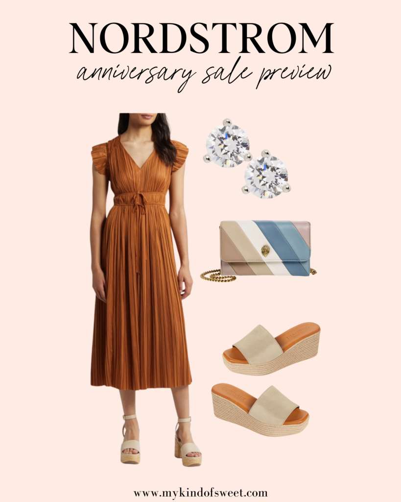 Nordstrom Anniversary Sale Preview Looks, orange dress, cz earrings, striped purse, wedge heels