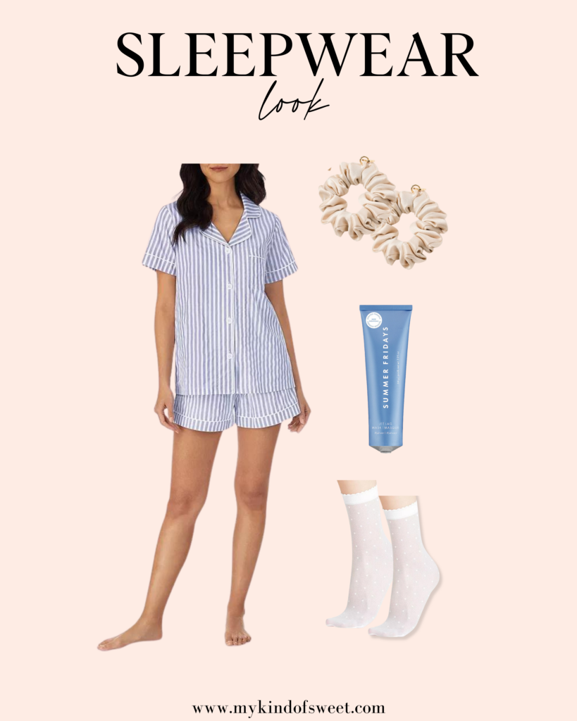 cozy sleepwear look, striped pajamas, socks, scrunchie