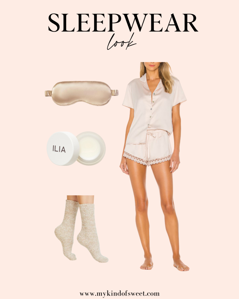 cozy sleepwear look, silk pajamas, eye mask, socks