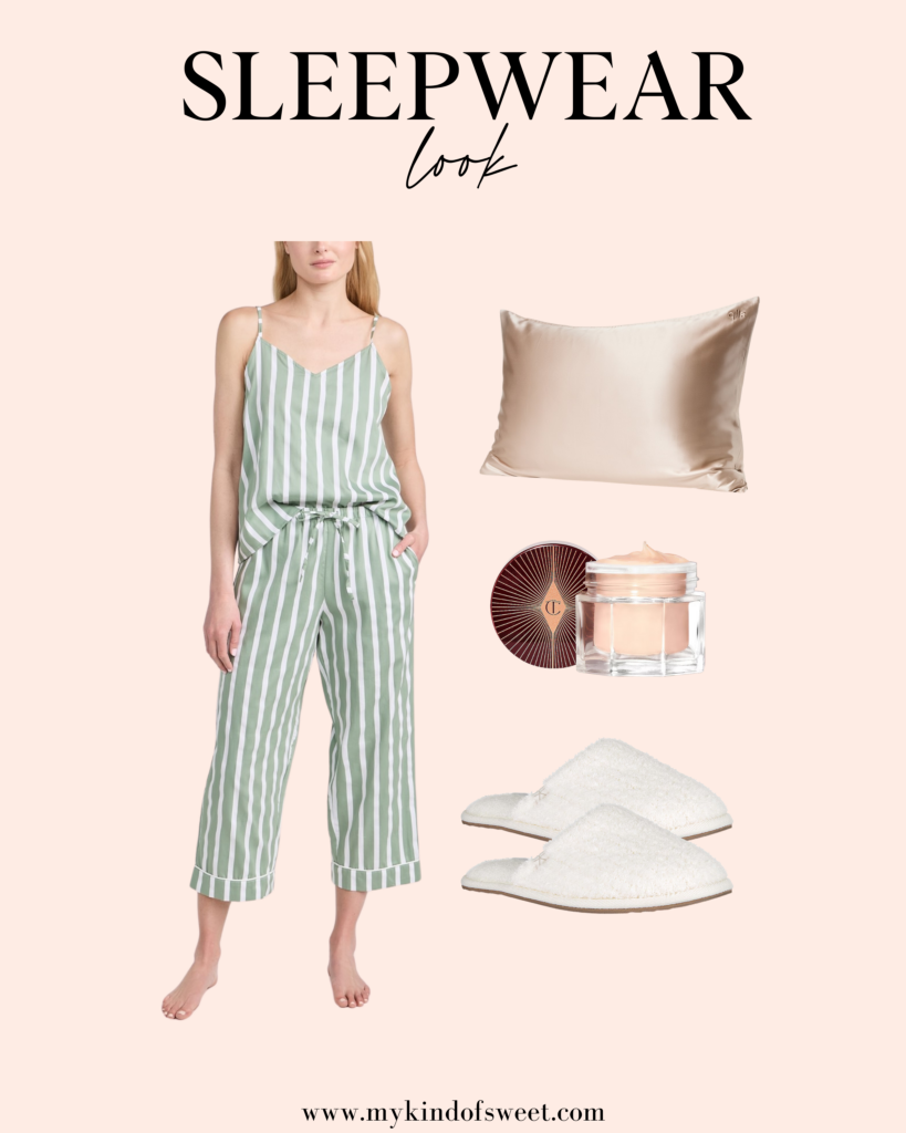 cozy sleepwear look, striped pajamas, silk pillowcase, white slipeprs