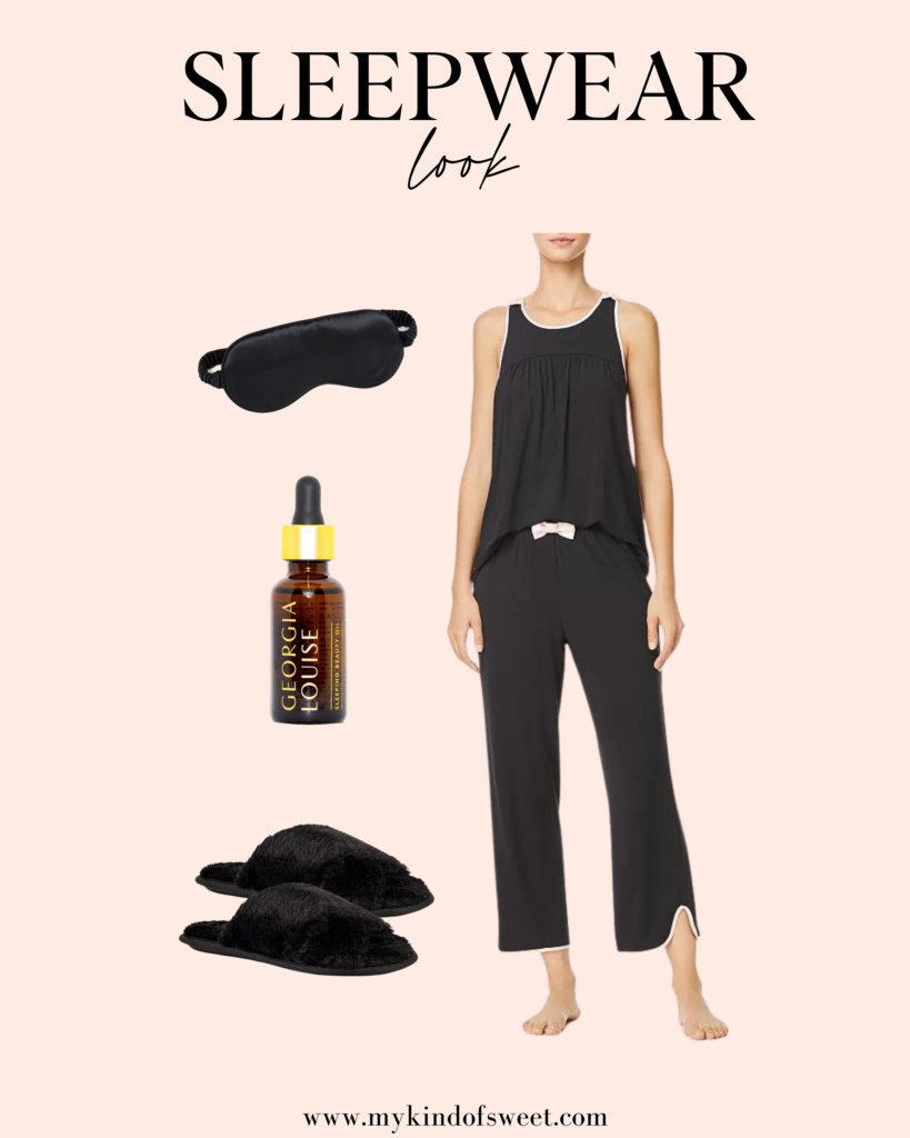 cozy sleepwear look. black pajamas, eye mask, black slippers