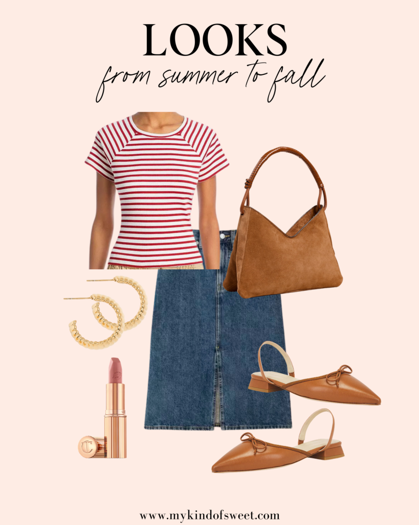 fall looks, transitional pieces, striped shirt, brown bag, denim skirt, brown flats