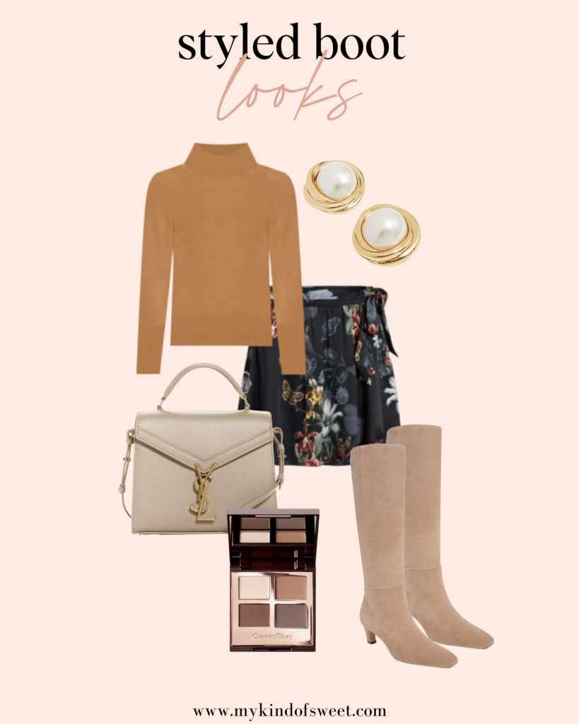 How To Style Boots for Fall, cashmere sweater, floral skirt, handbag, tall boots