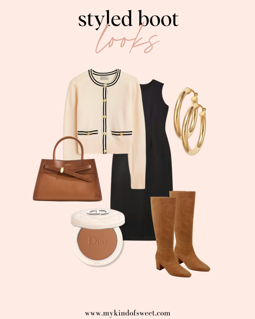 How To Style Boots for Fall, black dress, cardigan, bags, boots